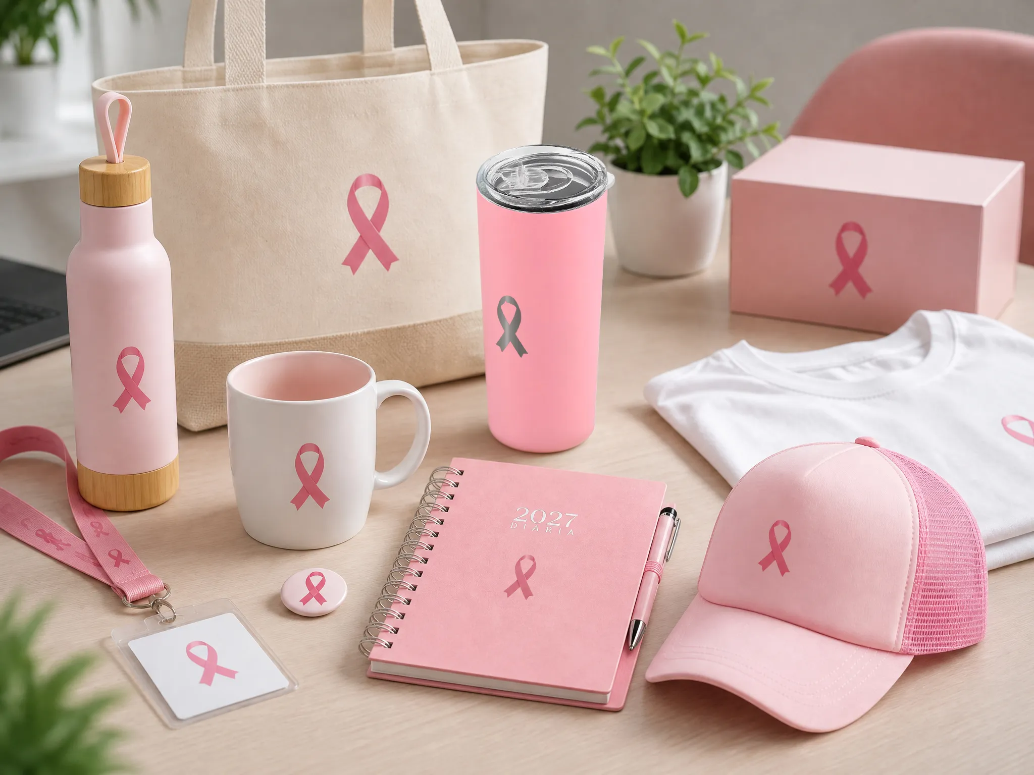 Artículos promocionales para Octubre Rosa personalizados con logotipo.